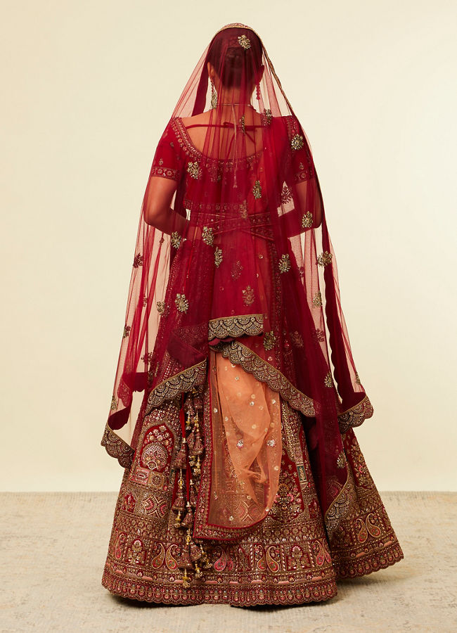 Mohey Women Bright Red Pink Imperial Paisley Patterned Bridal Lehenga