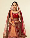 alt message - Mohey Women Bright Red Pink Imperial Paisley Patterned Bridal Lehenga image number 1