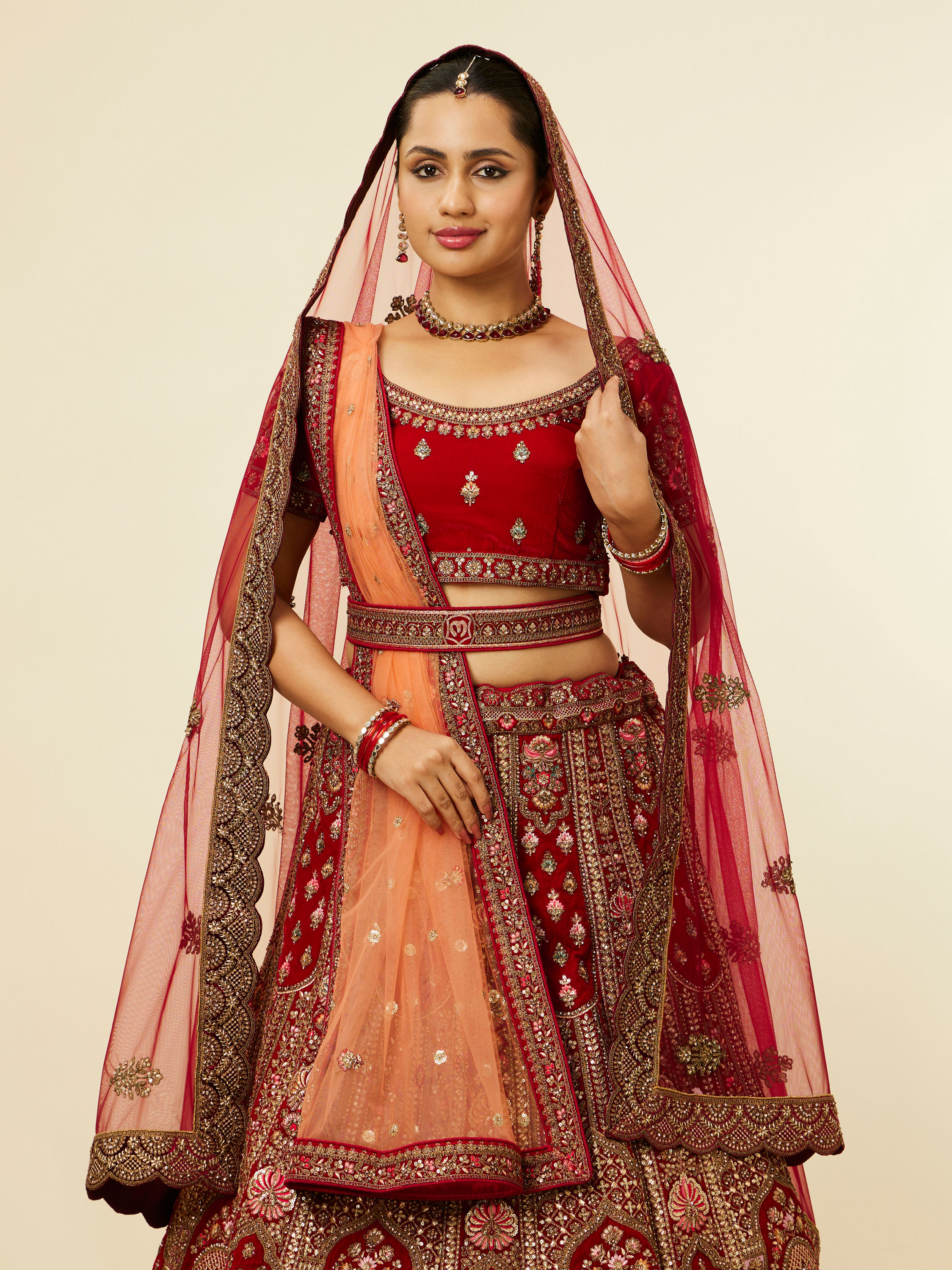 Mohey Women Bright Red Pink Imperial Paisley Patterned Bridal Lehenga