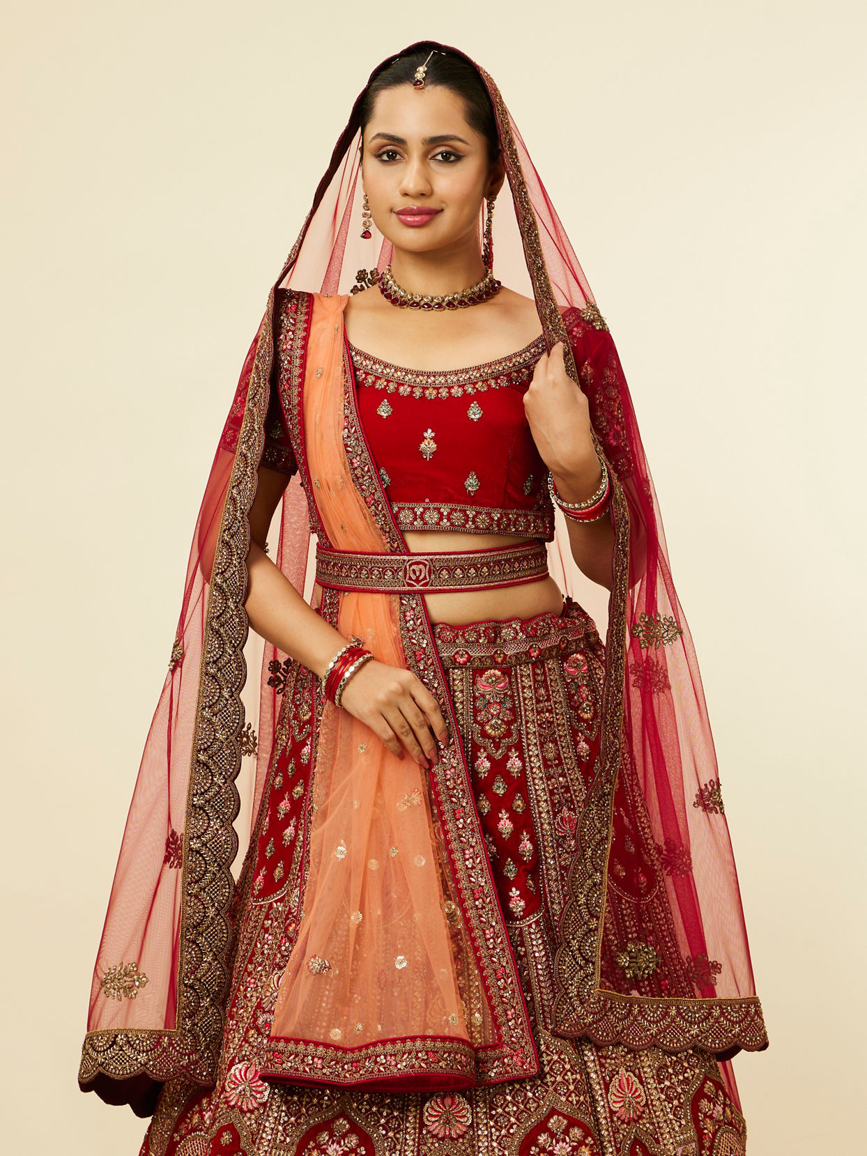 alt message - Mohey Women Bright Red Pink Imperial Paisley Patterned Bridal Lehenga image number 1