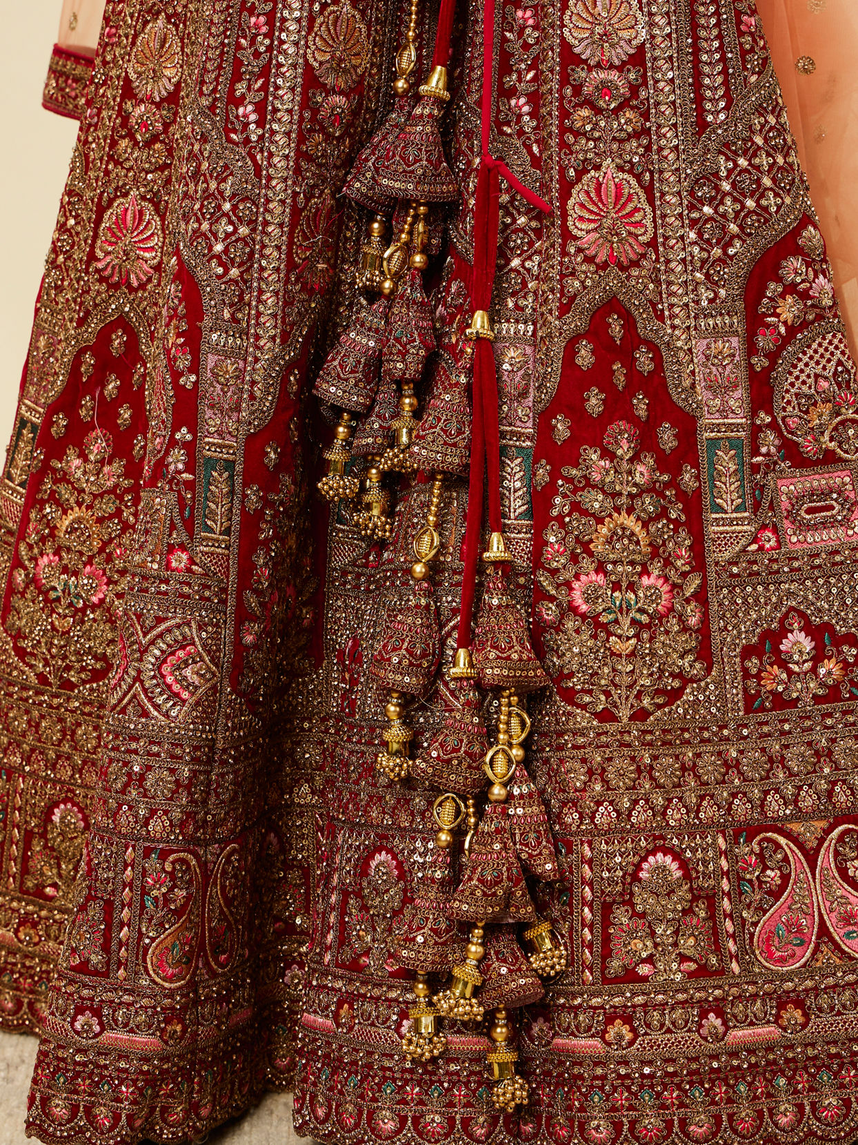 Mohey Women Bright Red Pink Imperial Paisley Patterned Bridal Lehenga