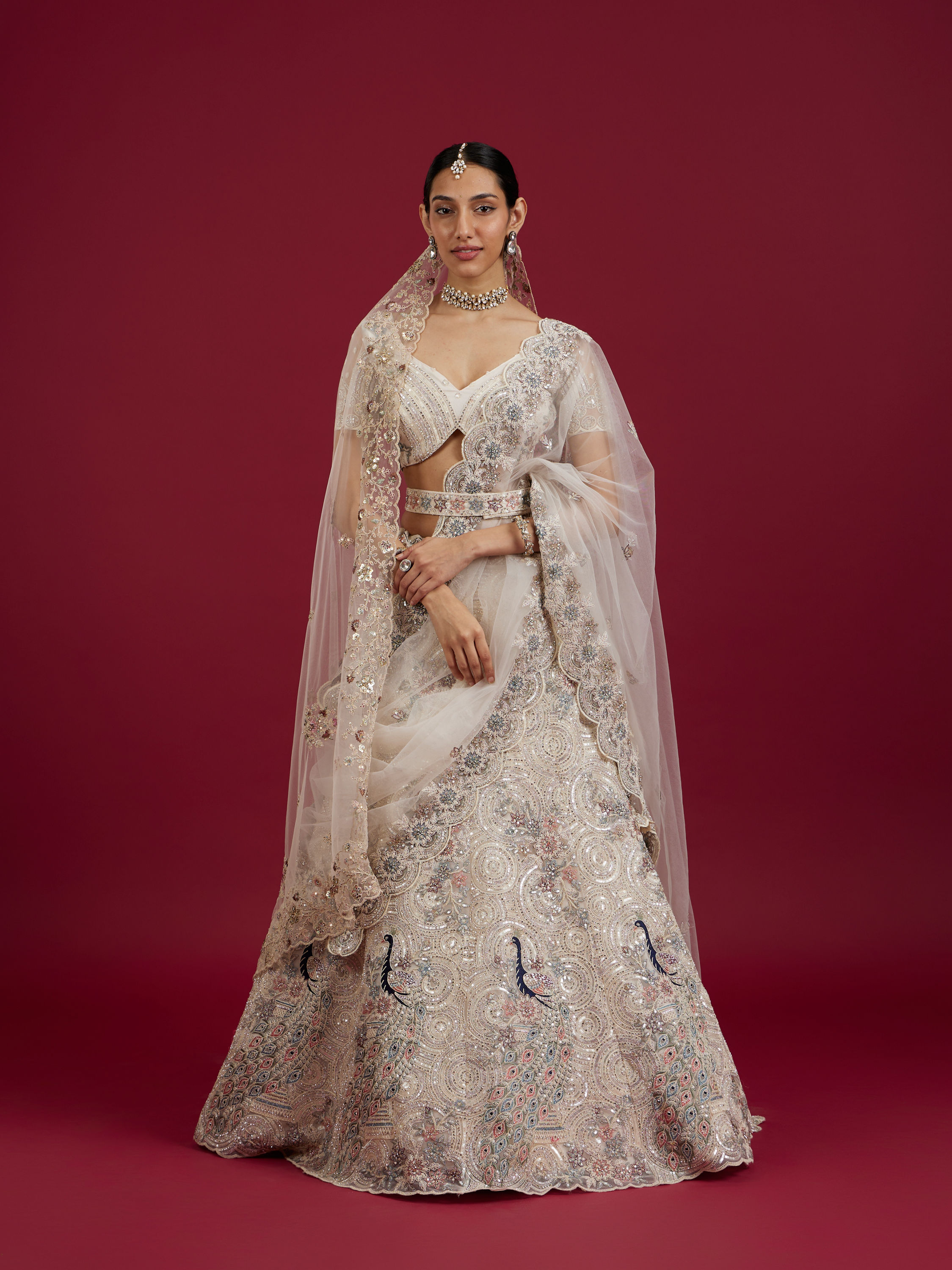 Mohey Women Beige Cream Sitara Embroidered Bridal Lehenga with Stone Work