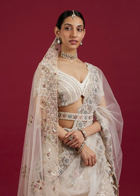 Mohey Women Beige Cream Sitara Embroidered Bridal Lehenga with Stone Work image number 1