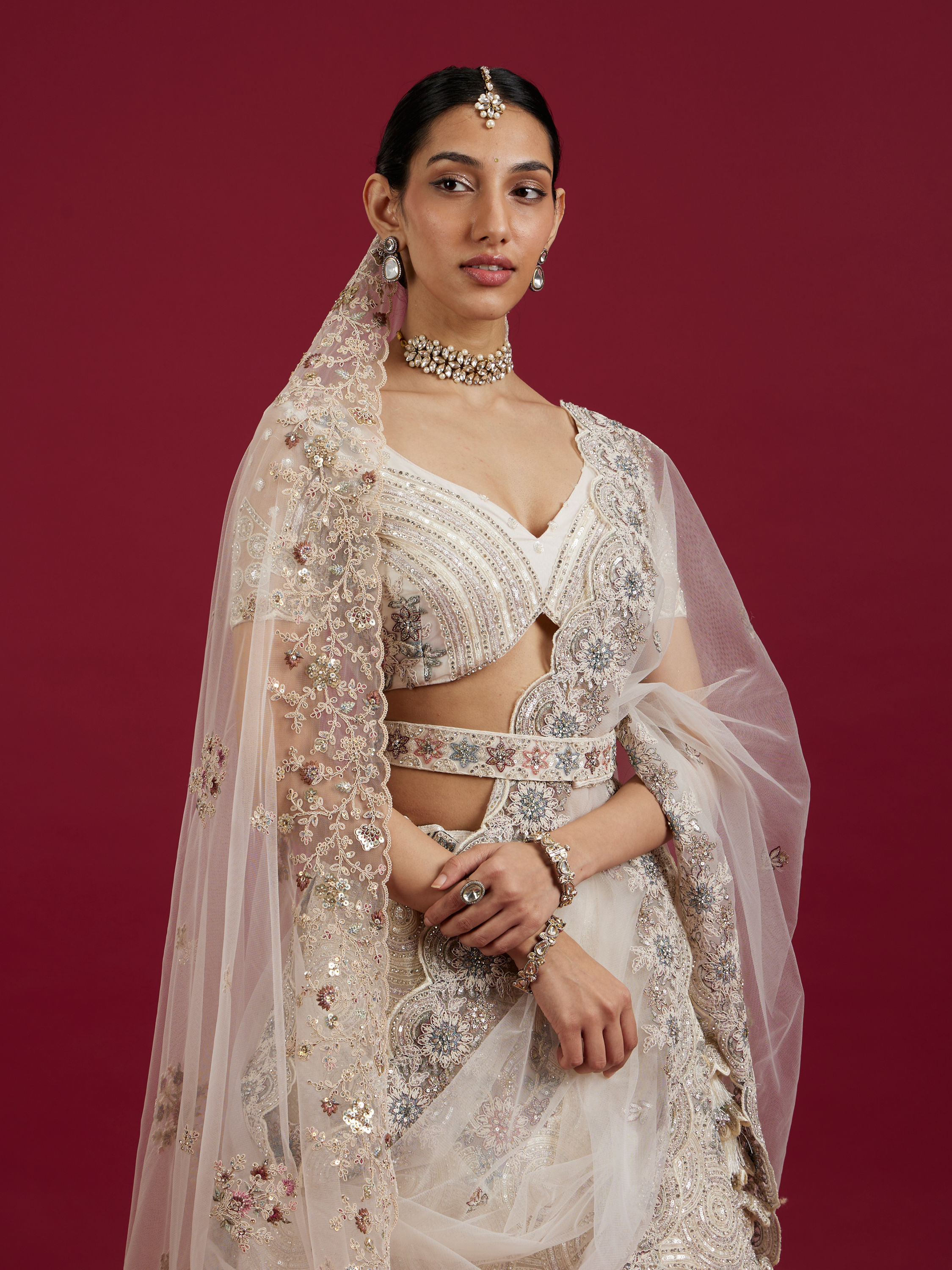 Mohey Women Beige Cream Sitara Embroidered Bridal Lehenga with Stone Work