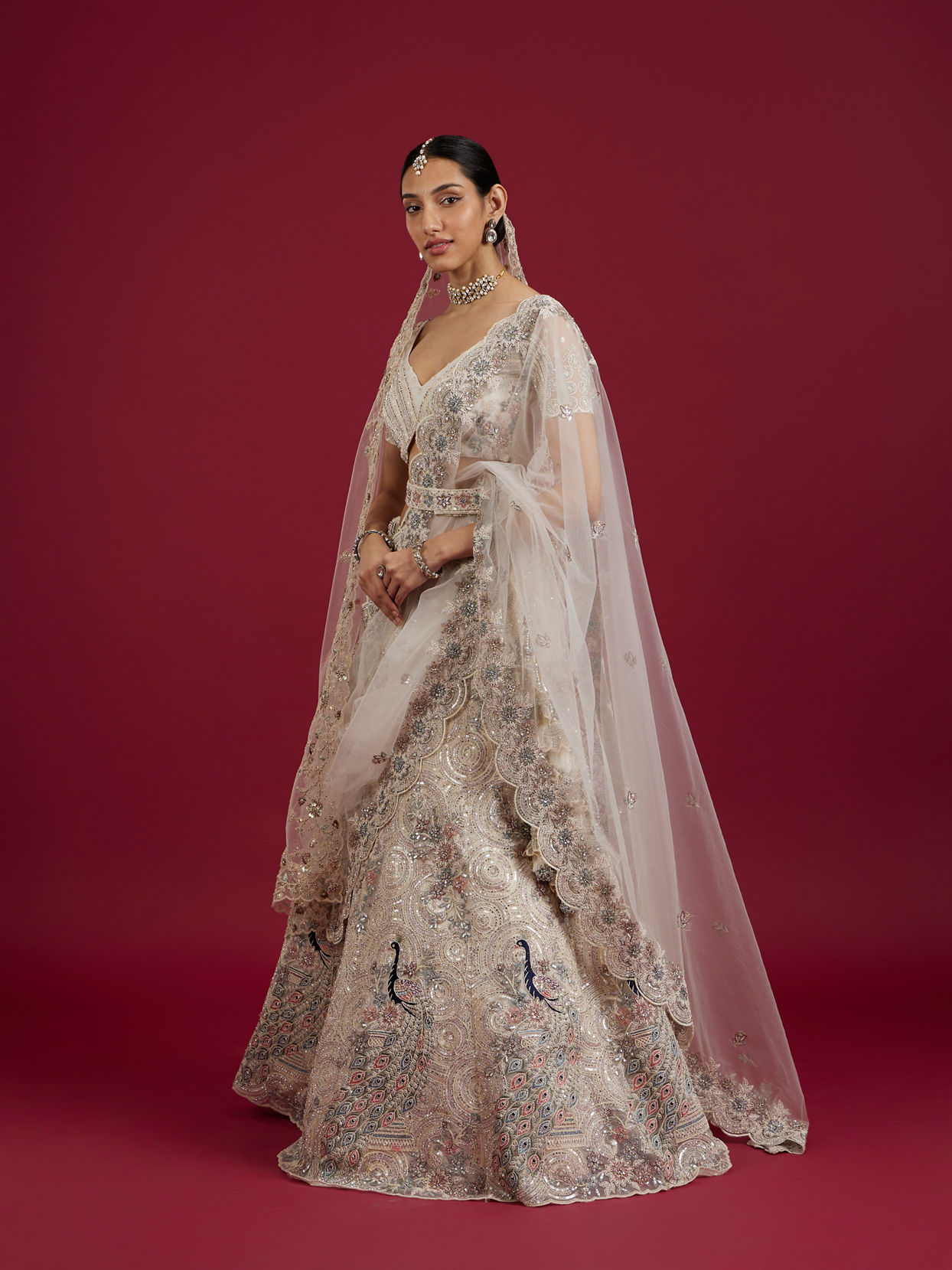 Mohey Women Beige Cream Sitara Embroidered Bridal Lehenga with Stone Work image number 2