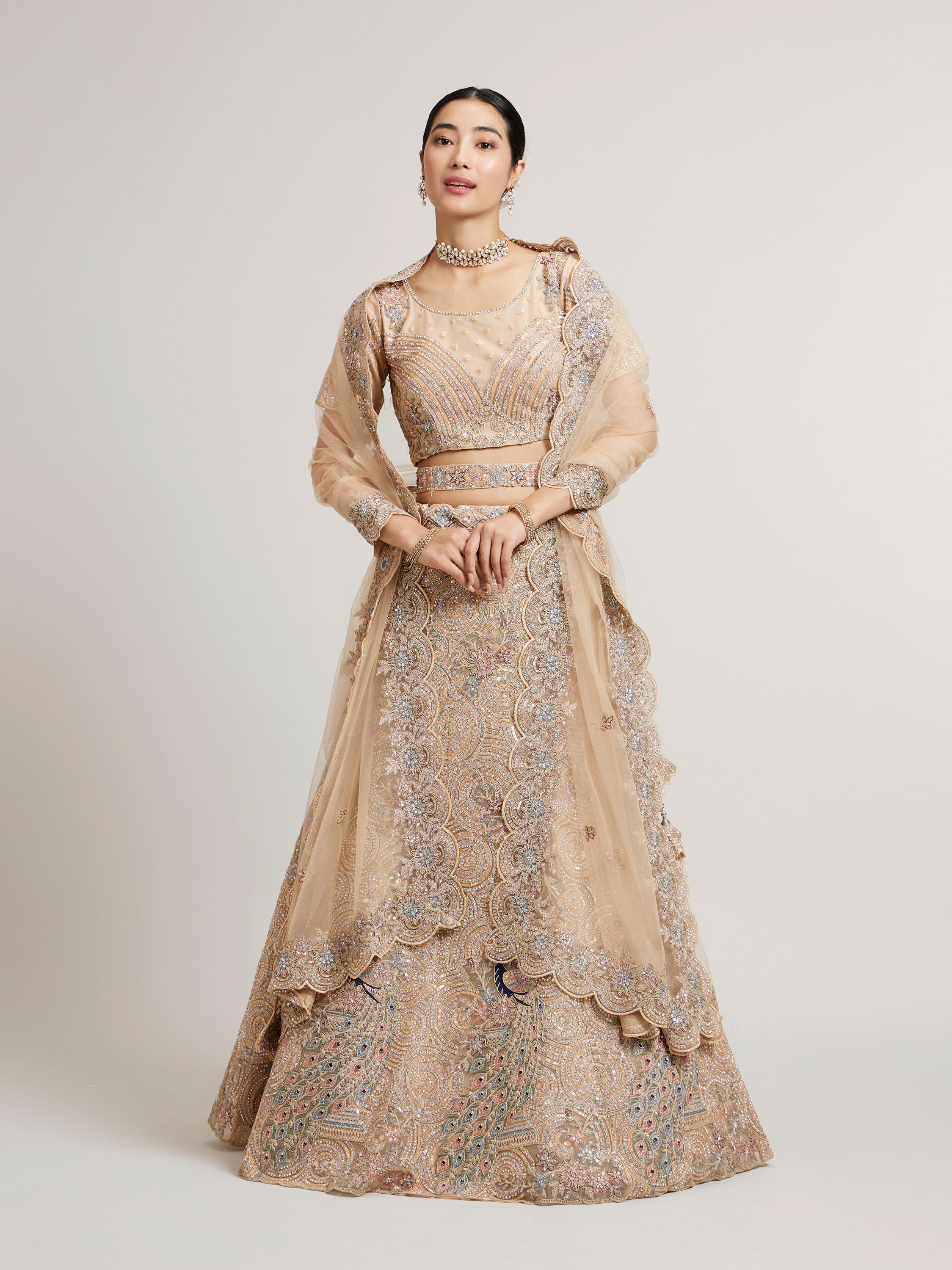 Mohey Women Soft Fawn Sitara Embroidered Lehenga with Peacock Motifs