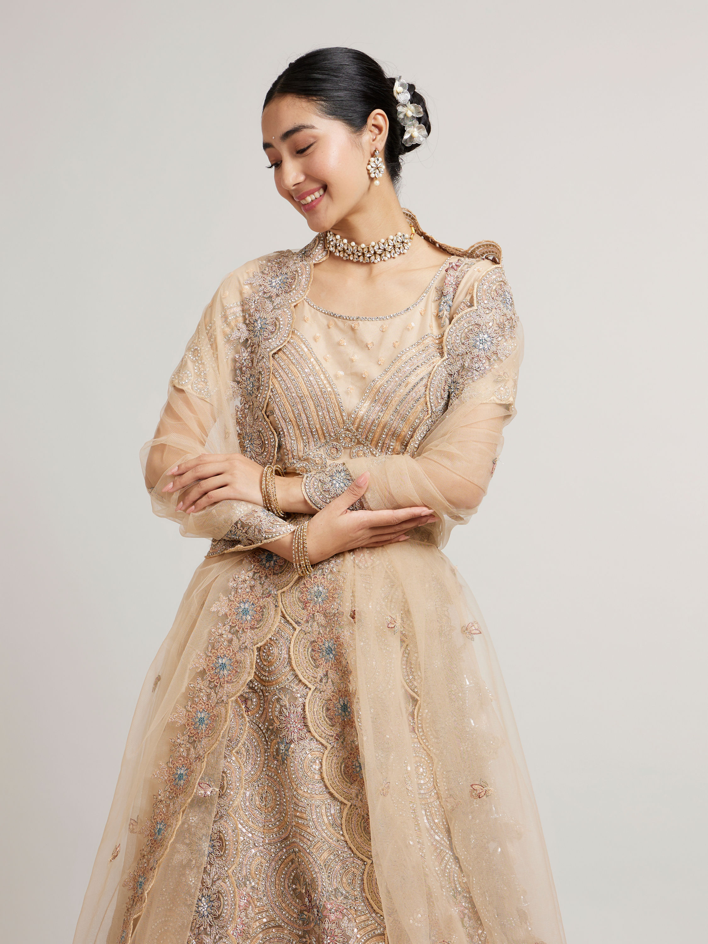 Mohey Women Soft Fawn Sitara Embroidered Lehenga with Peacock Motifs