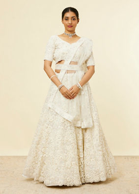 Mohey Women Ivory Cream Floral Printed Bridal Lehenga