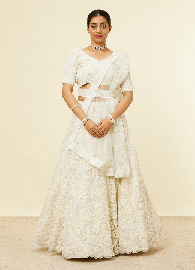 Mohey Women Ivory Cream Floral Printed Bridal Lehenga
