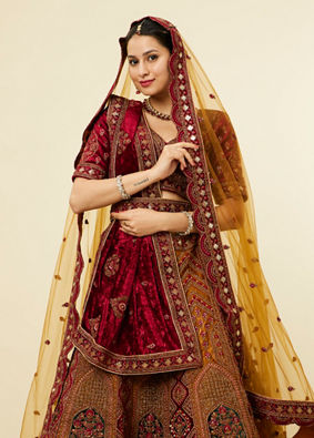 Mohey Women Mustard Yellow Maroon Buta Motif Bridal Lehenga