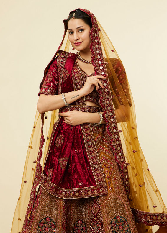 Mohey Women Mustard Yellow Maroon Buta Motif Bridal Lehenga
