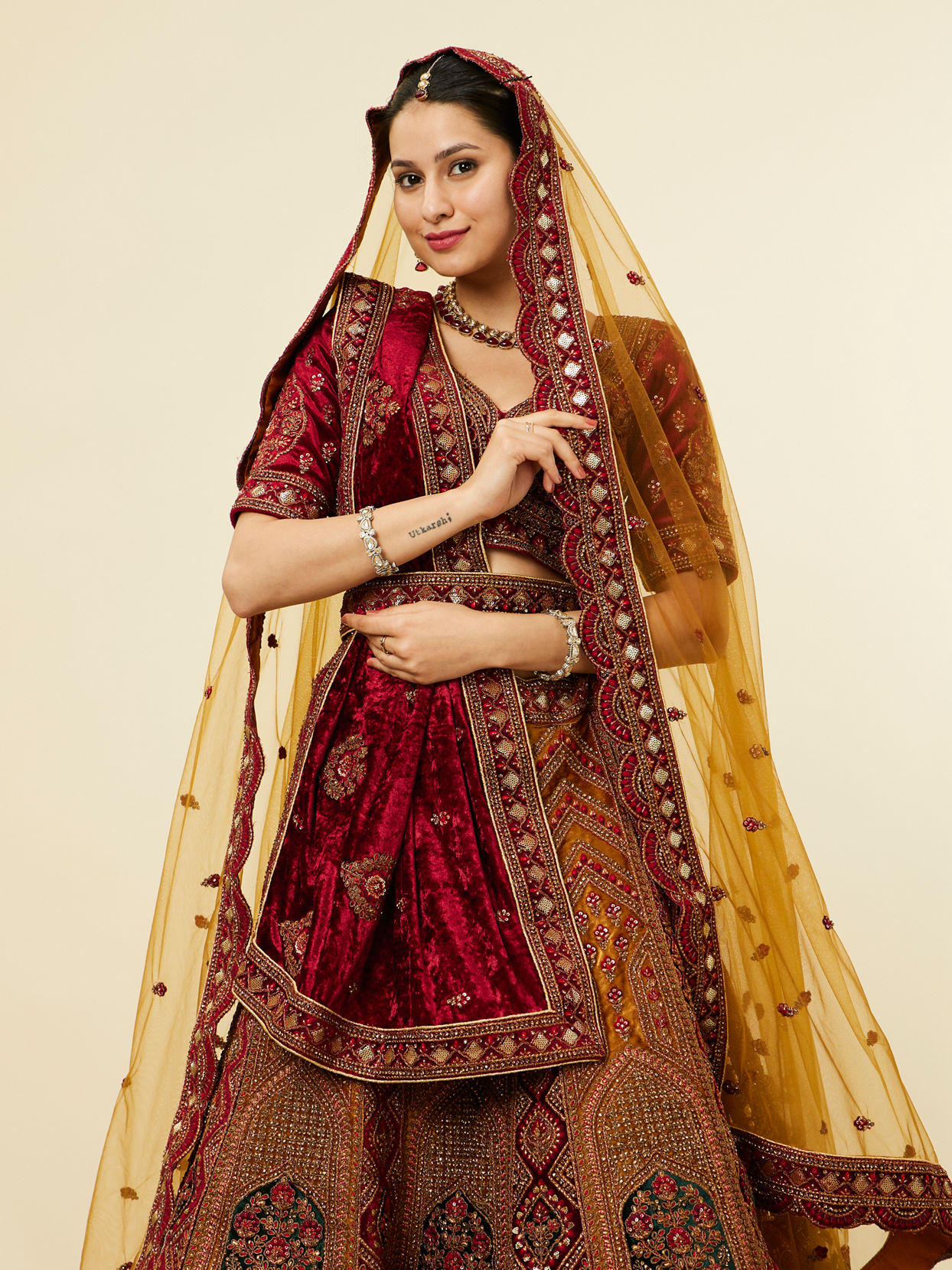 alt message - Mohey Women Mustard Yellow Maroon Buta Motif Lehenga image number 1