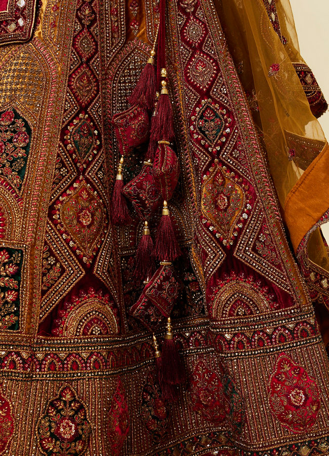 Mohey Women Mustard Yellow Maroon Buta Motif Bridal Lehenga