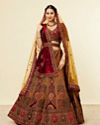 Mohey Women Mustard Yellow Maroon Buta Motif Bridal Lehenga