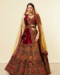 Mohey Women Mustard Yellow Maroon Buta Motif Bridal Lehenga