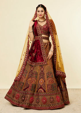 Mohey Women Mustard Yellow Maroon Buta Motif Bridal Lehenga