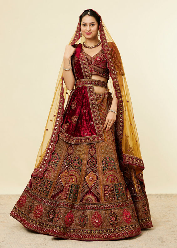 Mohey Women Mustard Yellow Maroon Buta Motif Bridal Lehenga