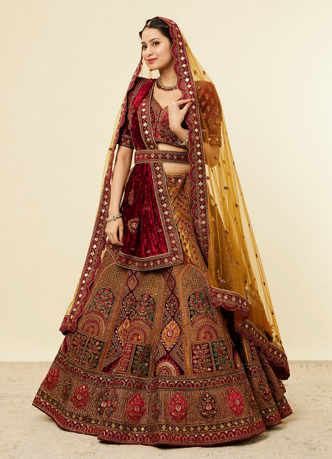 Mohey Women Mustard Yellow Maroon Buta Motif Bridal Lehenga