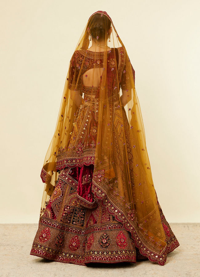 Mohey Women Mustard Yellow Maroon Buta Motif Bridal Lehenga