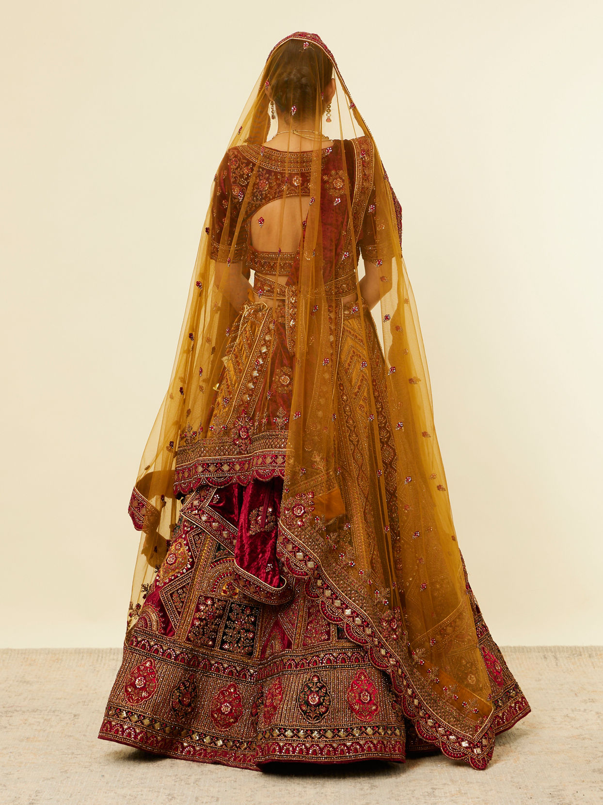 Mohey Women Mustard Yellow Maroon Buta Motif Bridal Lehenga