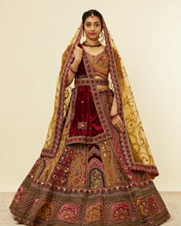 Mohey Women Mustard Yellow Maroon Paisley Patterned Bridal Lehenga