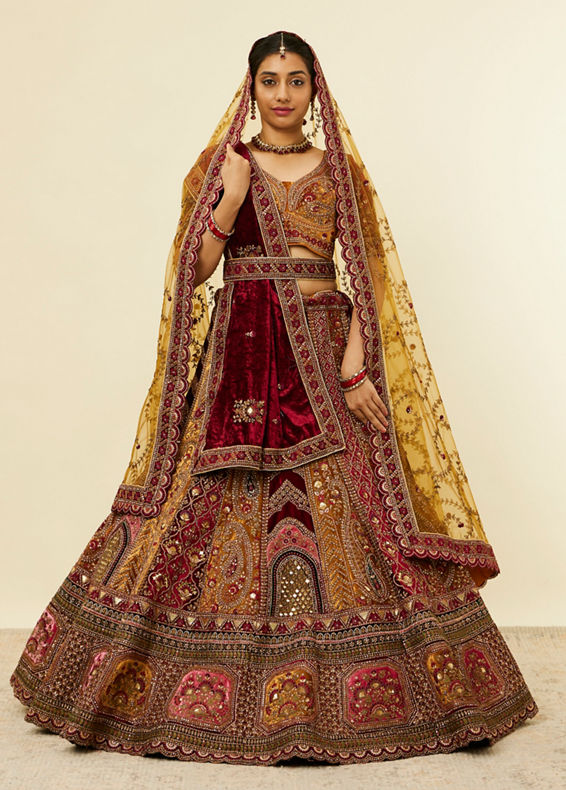 Mohey Women Mustard Yellow Maroon Paisley Patterned Bridal Lehenga