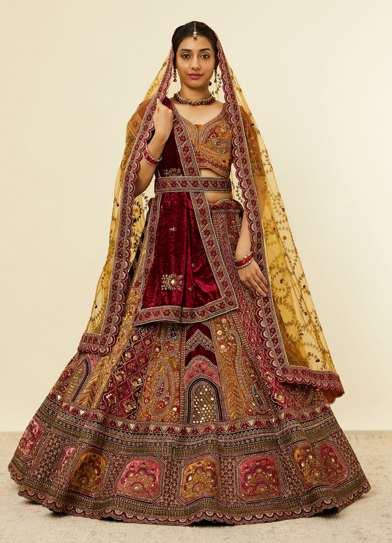 Mohey Women Mustard Yellow Maroon Paisley Patterned Bridal Lehenga