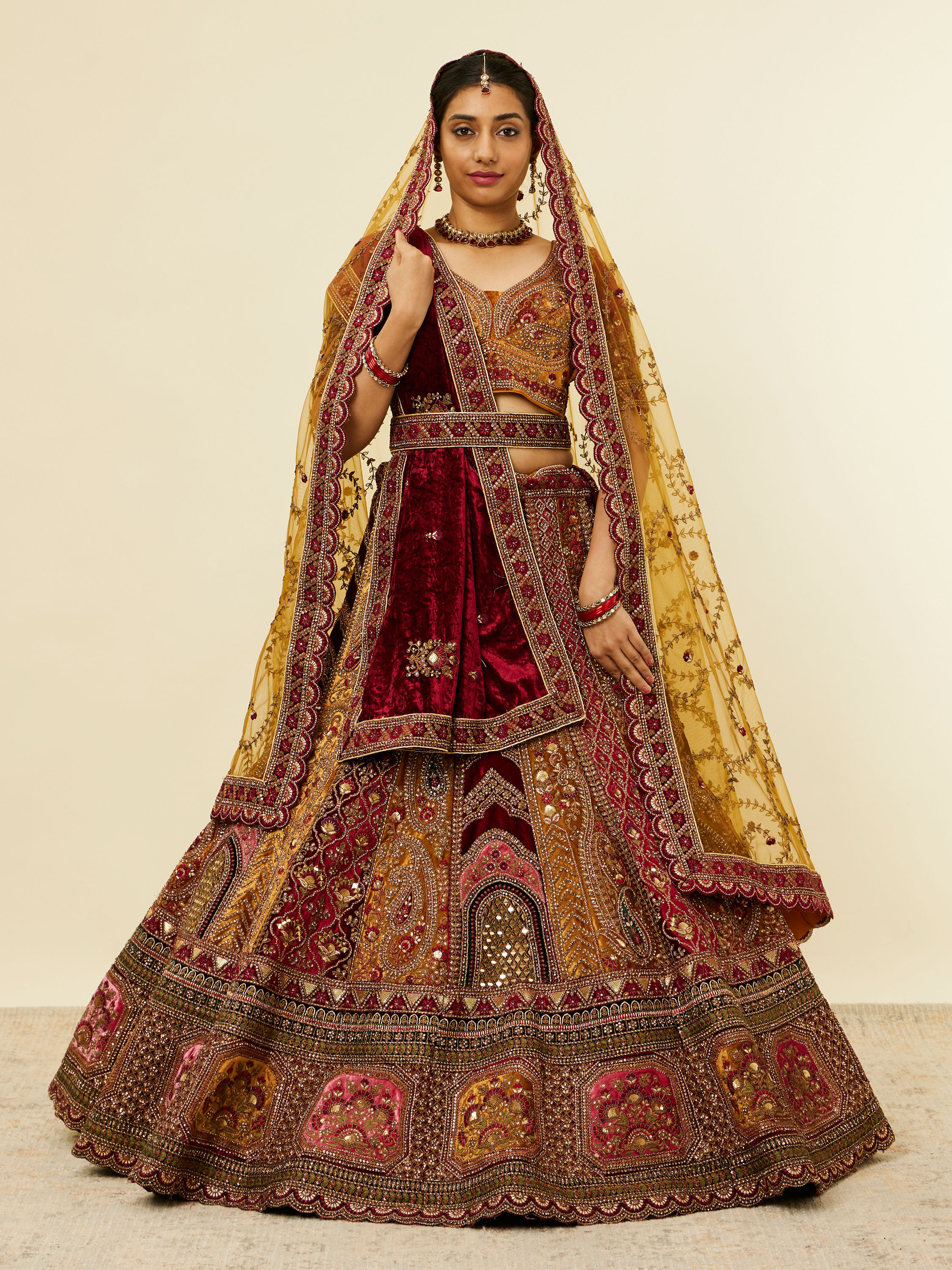 Mohey Women Mustard Yellow Maroon Paisley Patterned Bridal Lehenga