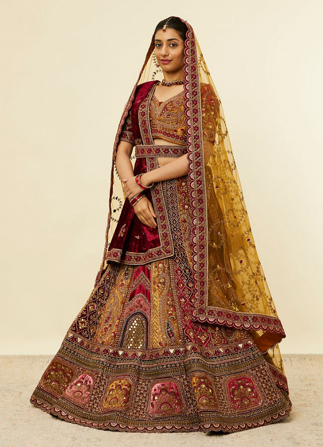 Mohey Women Mustard Yellow Maroon Paisley Patterned Bridal Lehenga
