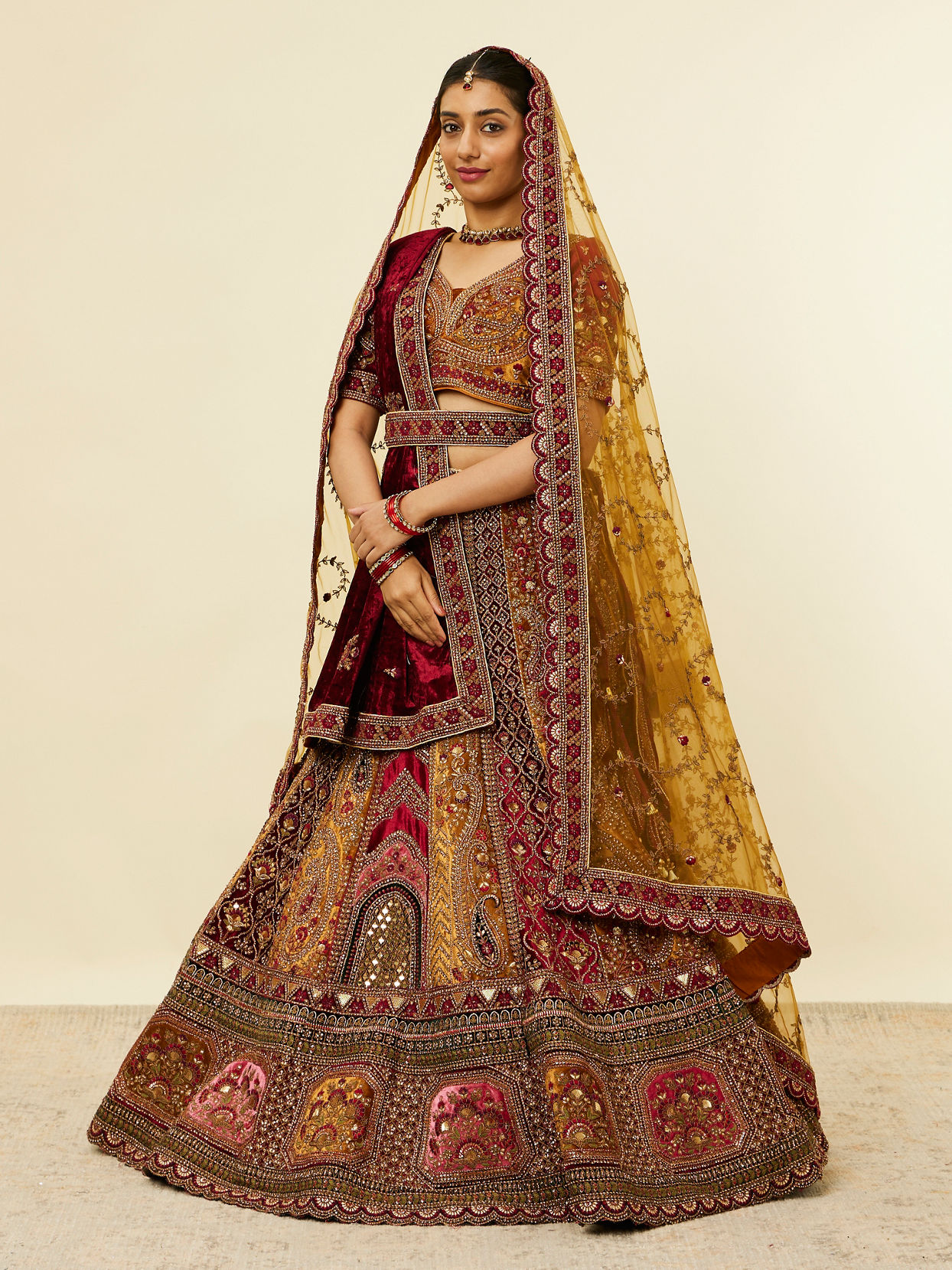 Mohey Women Mustard Yellow Maroon Paisley Patterned Bridal Lehenga