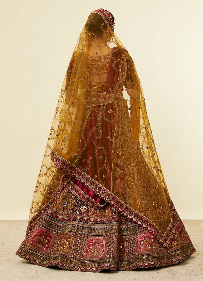 Mohey Women Mustard Yellow Maroon Paisley Patterned Bridal Lehenga