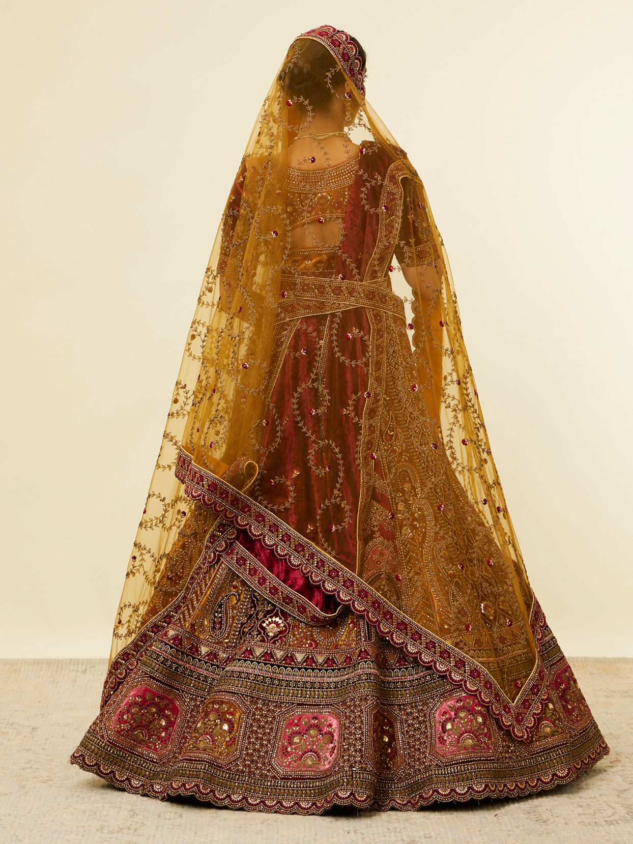 Mohey Women Mustard Yellow Maroon Paisley Patterned Bridal Lehenga