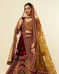 Mohey Women Mustard Yellow Maroon Paisley Patterned Bridal Lehenga