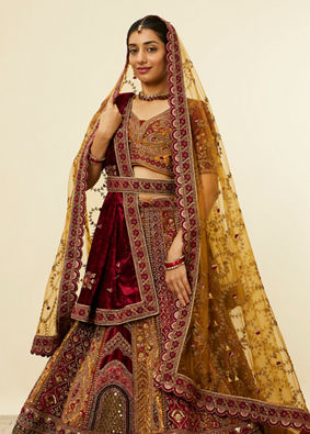 Mohey Women Mustard Yellow Maroon Paisley Patterned Bridal Lehenga