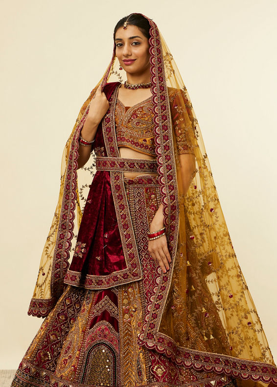 Mohey Women Mustard Yellow Maroon Paisley Patterned Bridal Lehenga