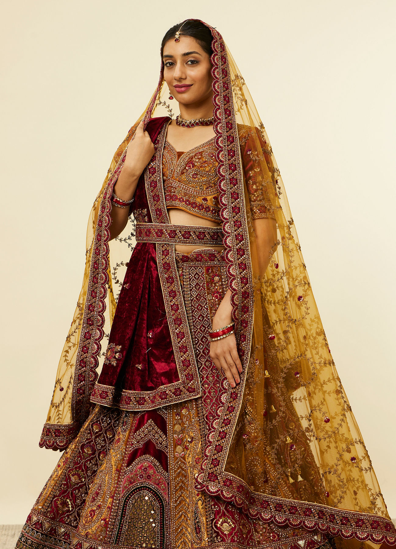 Mohey Women Mustard Yellow Maroon Paisley Patterned Bridal Lehenga