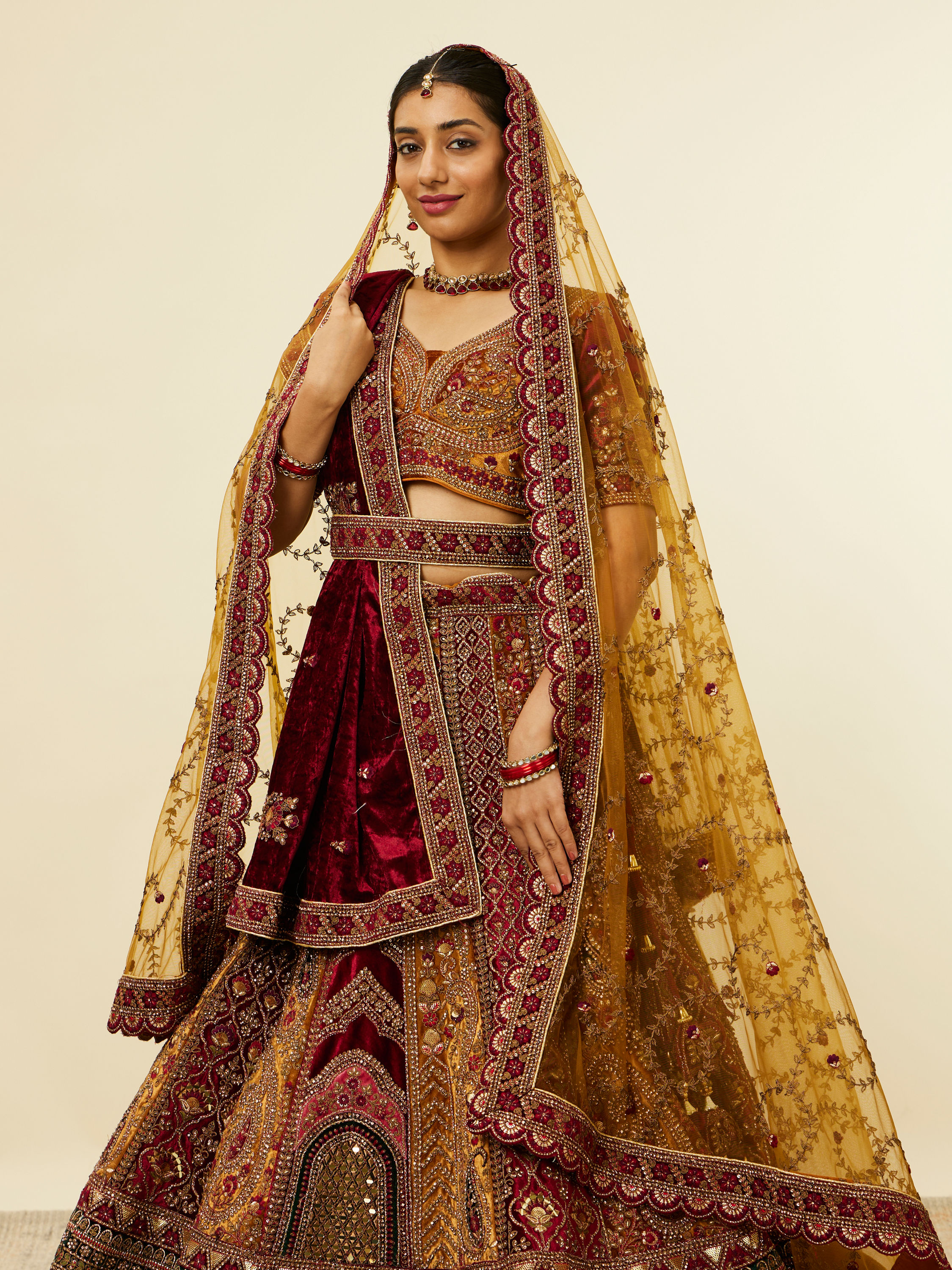 Mohey Women Mustard Yellow Maroon Paisley Patterned Bridal Lehenga