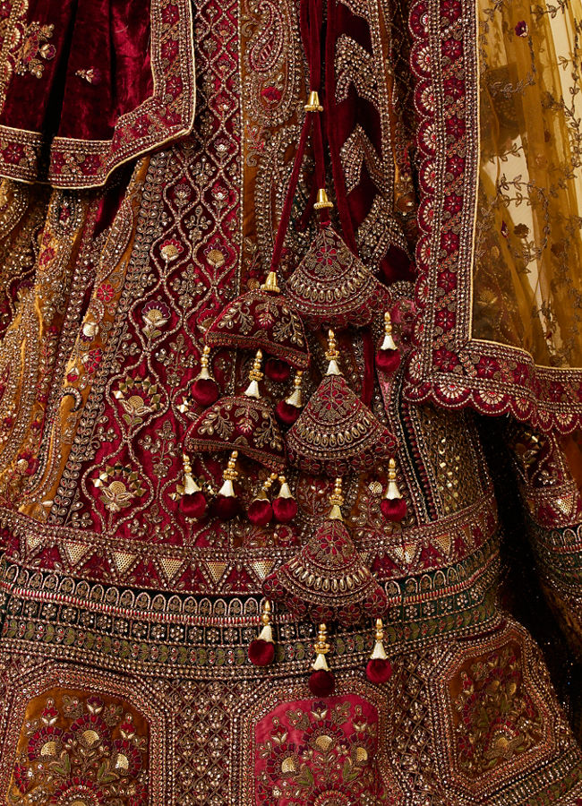 Mohey Women Mustard Yellow Maroon Paisley Patterned Bridal Lehenga