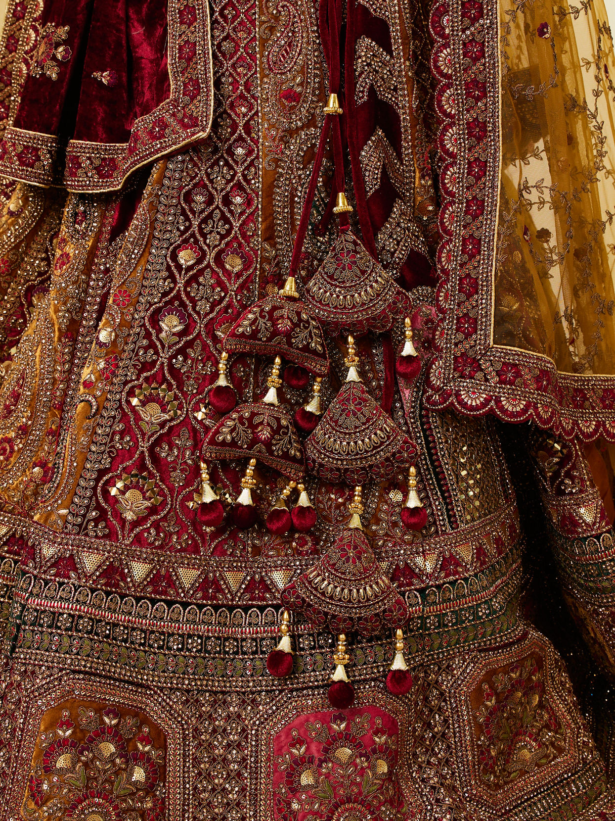 Mohey Women Mustard Yellow Maroon Paisley Patterned Bridal Lehenga
