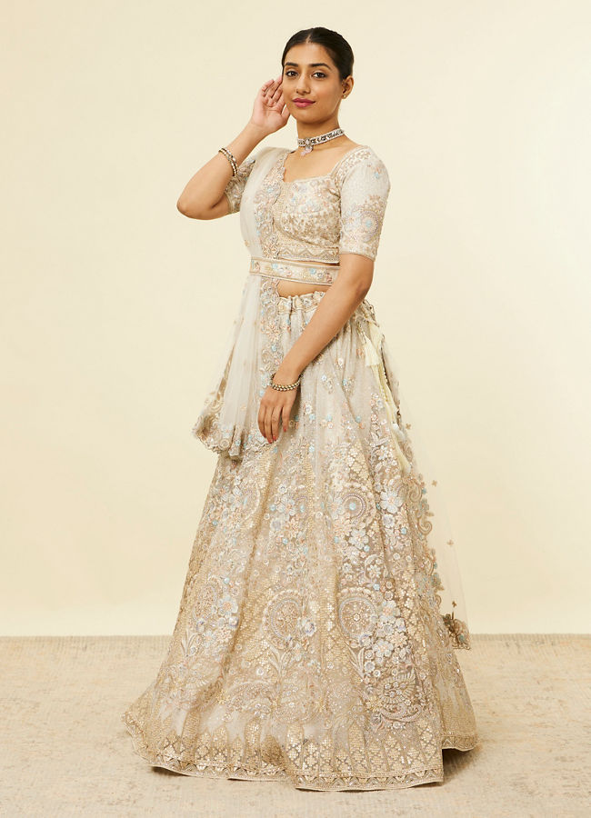 Mohey Women Dark Cream Bel Buti Patterned Bridal Lehenga