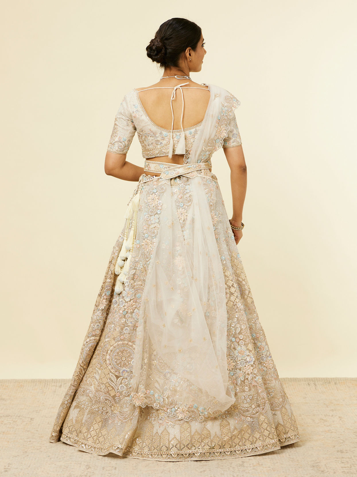 Mohey Women Dark Cream Bel Buti Patterned Bridal Lehenga