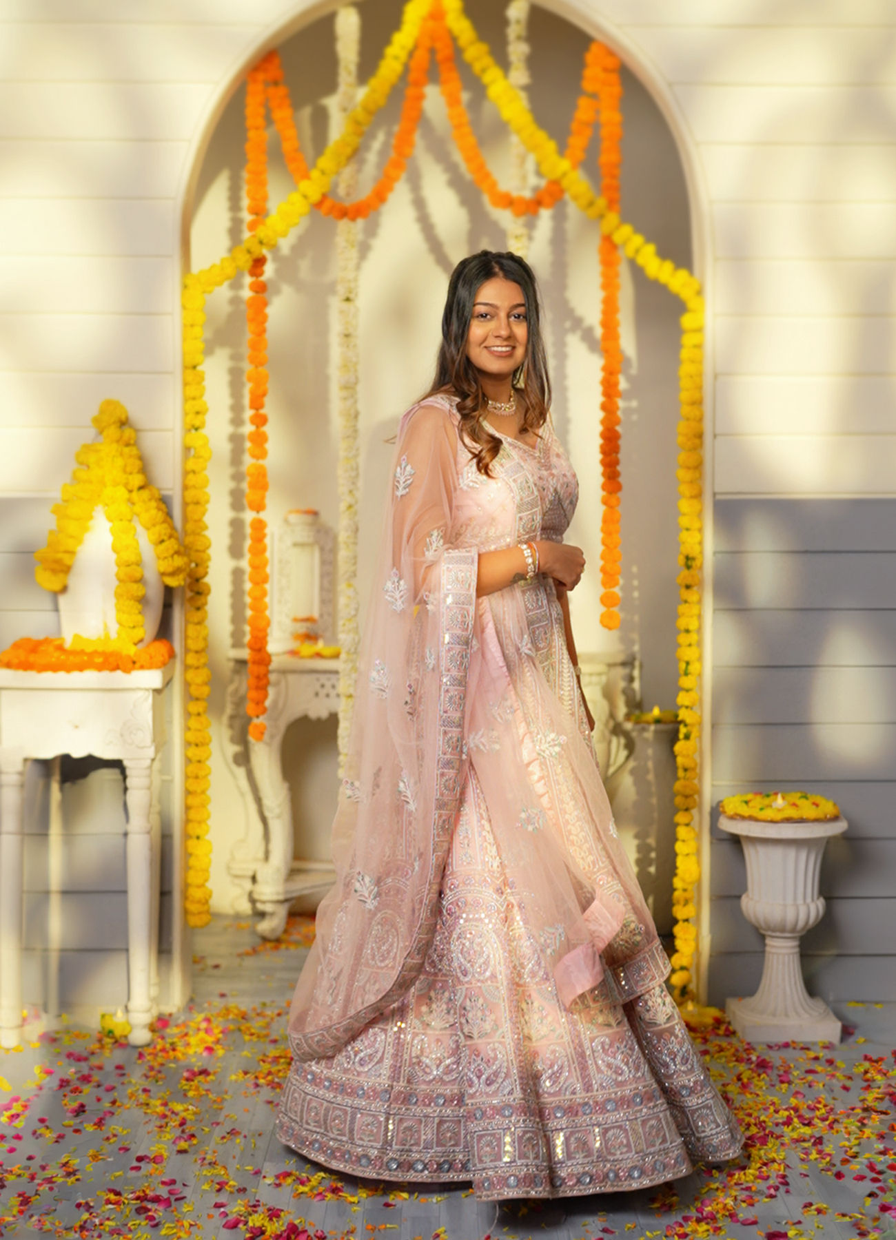 Mohey Women Carnation Pink Floral Embroidered Bridal Lehenga with Mirror Embellishments