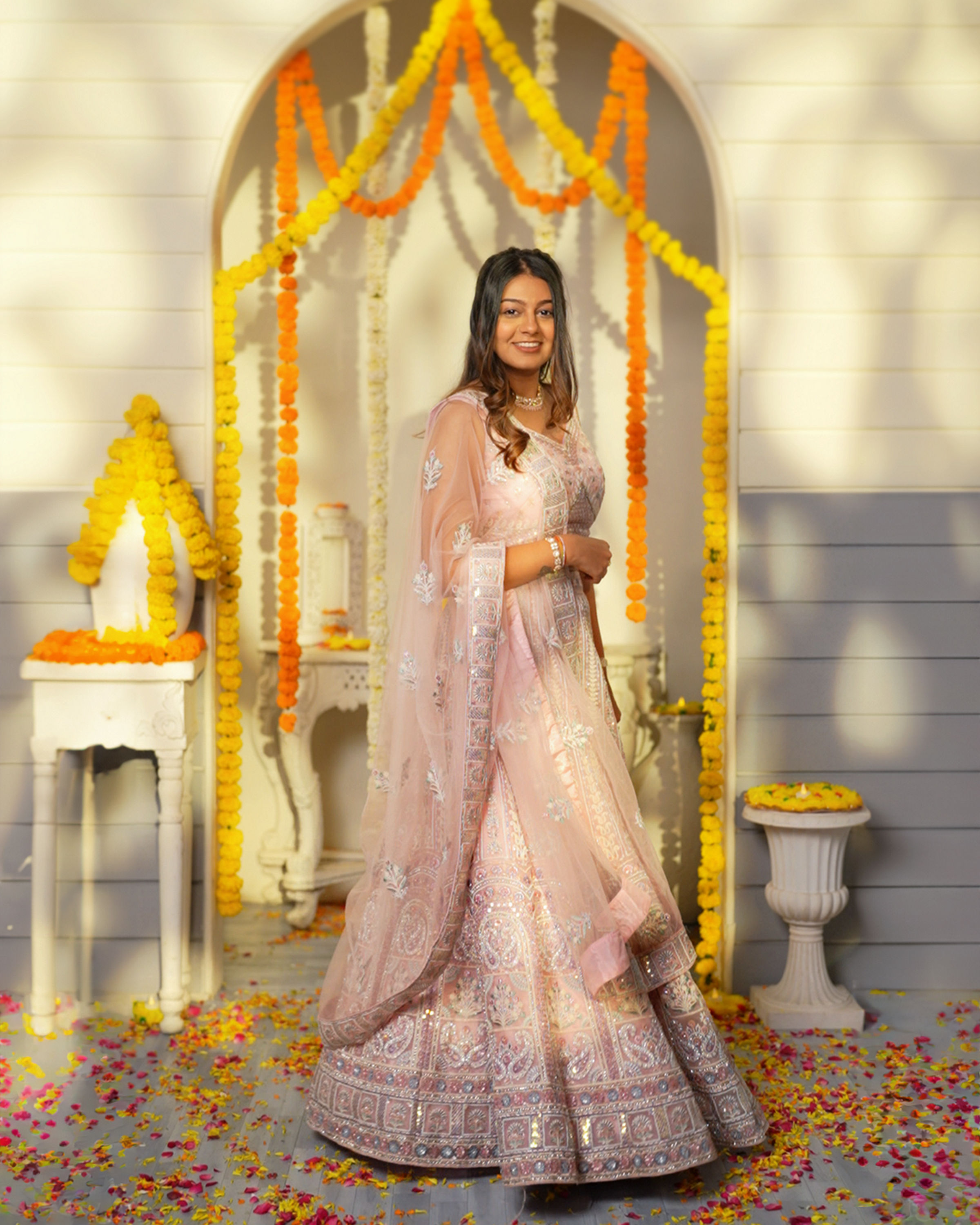 Mohey Women Carnation Pink Floral Embroidered Bridal Lehenga with Mirror Embellishments