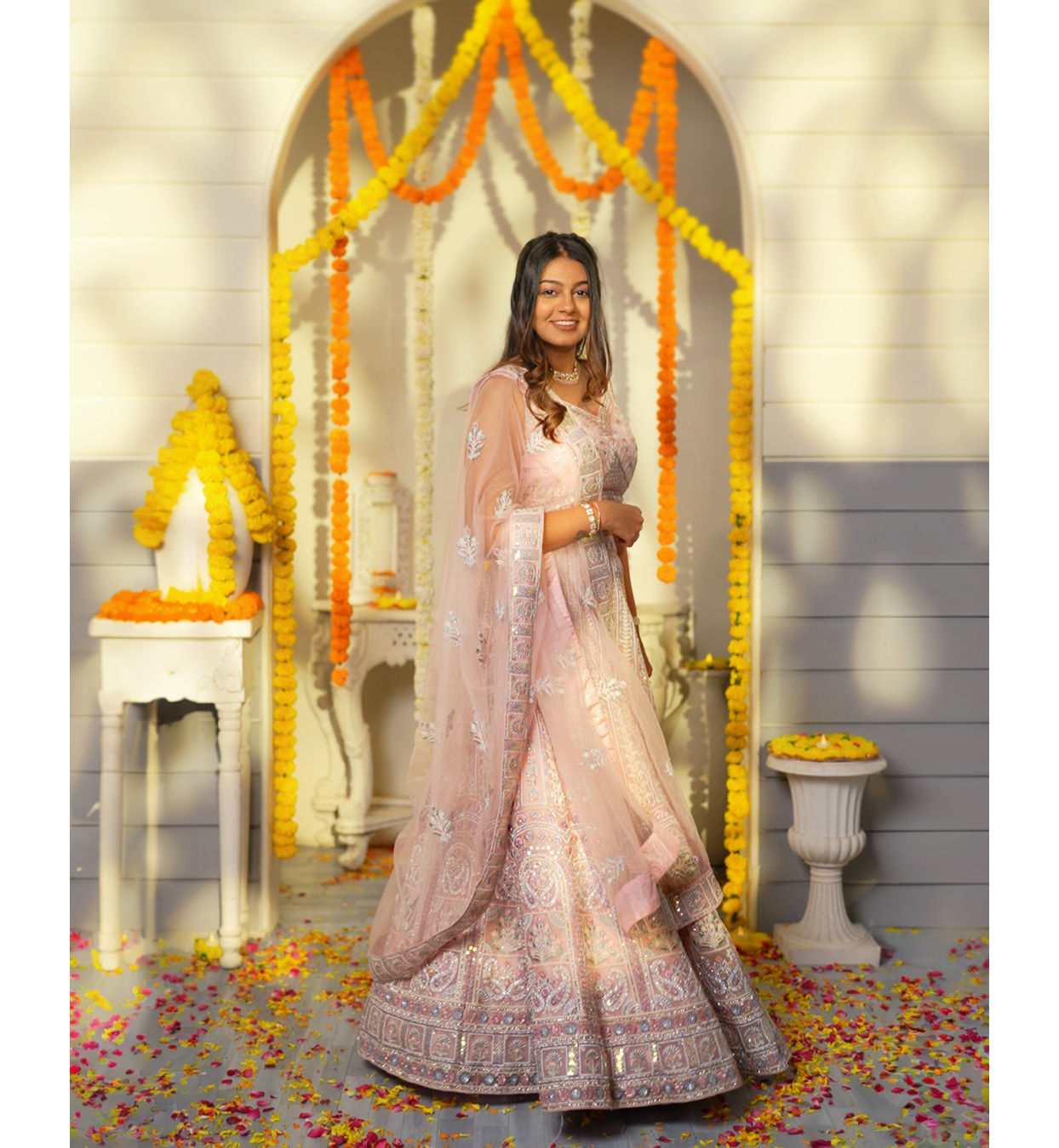 Mohey Women Carnation Pink Floral Embroidered Bridal Lehenga with Mirror Embellishments
