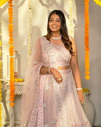 Mohey Women Carnation Pink Floral Embroidered Bridal Lehenga with Mirror Embellishments