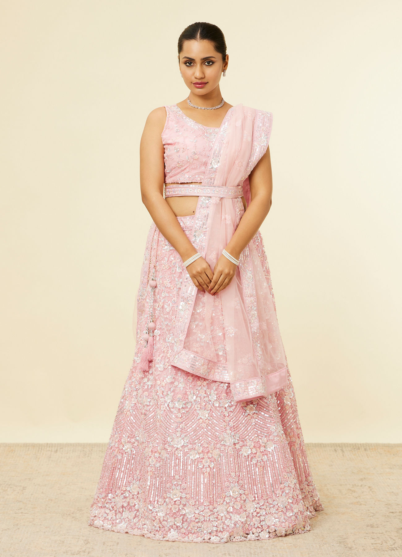 Mohey Women Light Pink Sitara Embroidered Lehenga