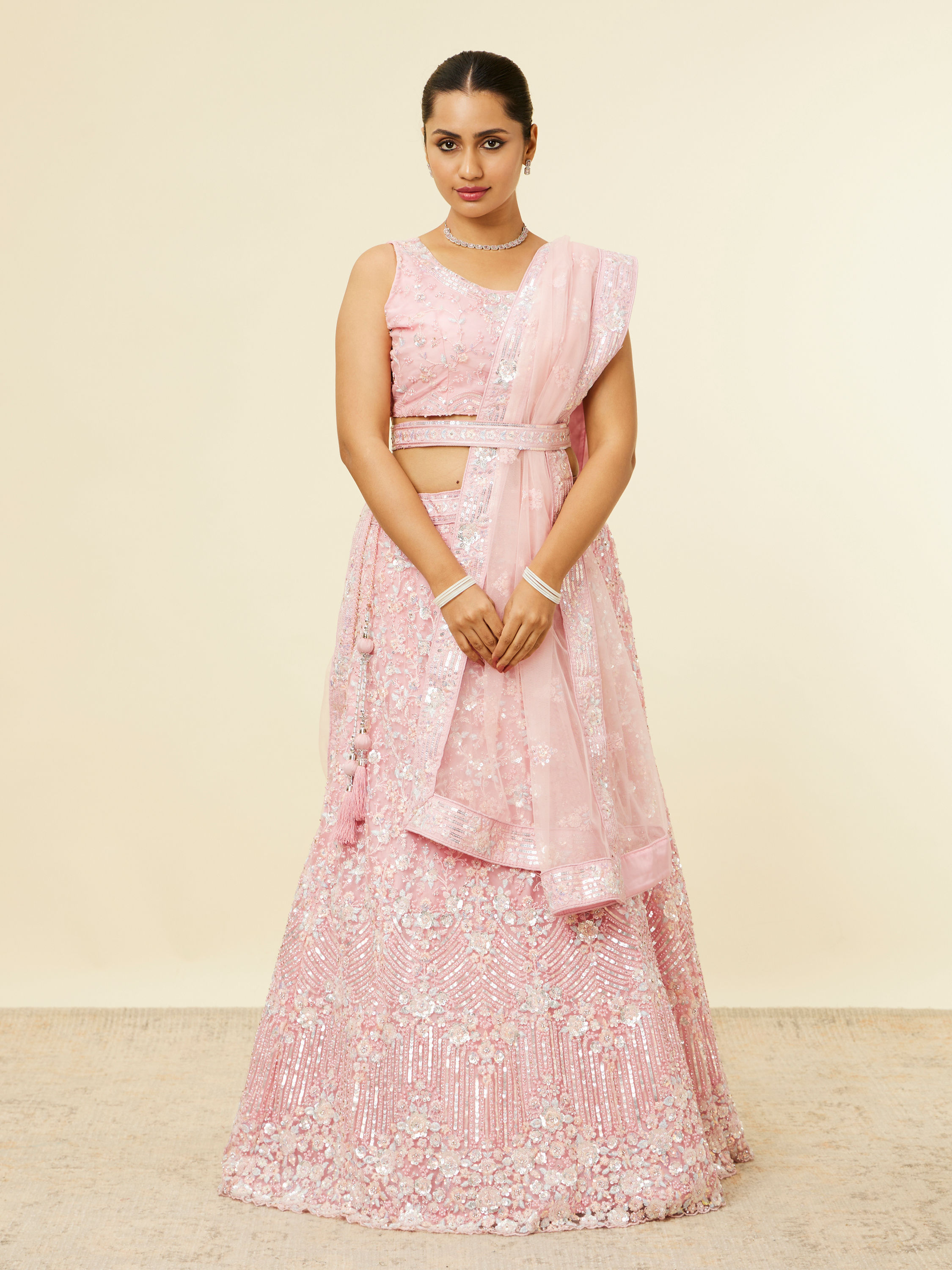 Mohey Women Light Pink Sitara Embroidered Lehenga