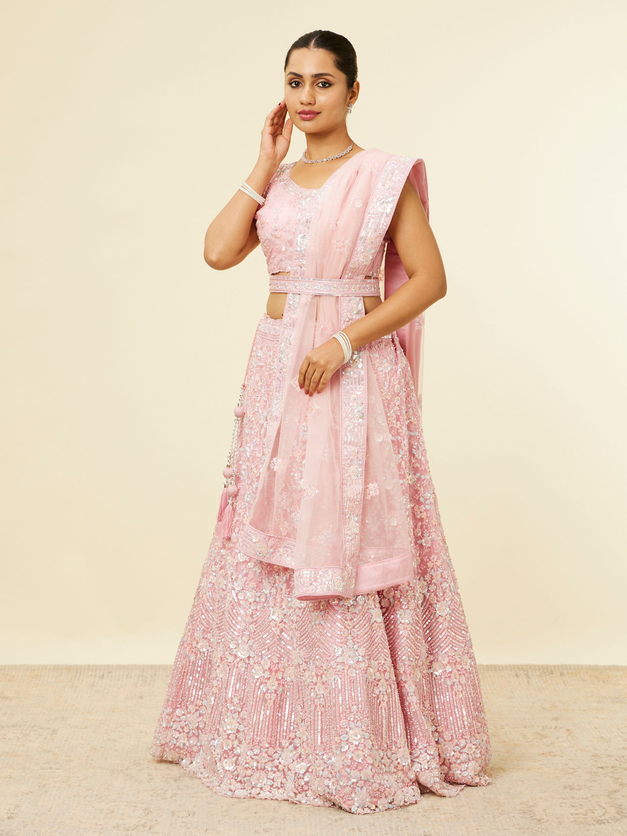 Mohey Women Light Pink Sitara Embroidered Lehenga