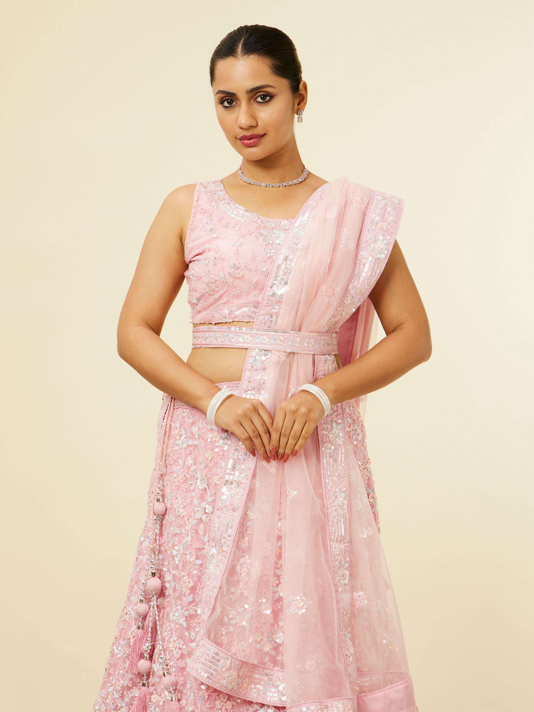 Mohey Women Light Pink Sitara Embroidered Lehenga