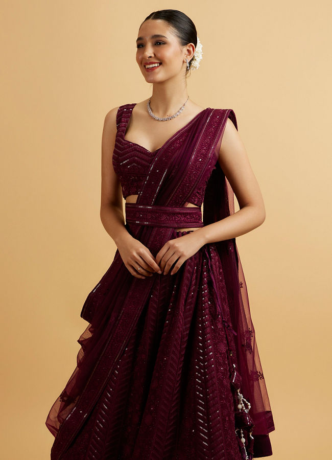 Mohey Women Wine Floral and Chevron Patterned Lehenga